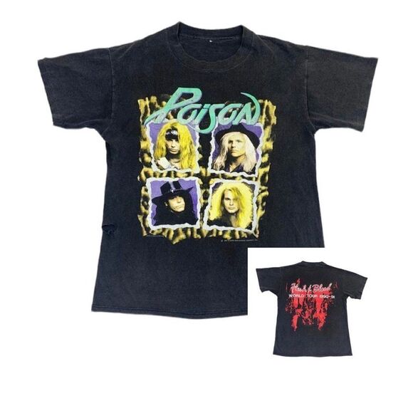 Vintage 1990 Poison T-Shirt Black Flesh and Blood Concert World Tour